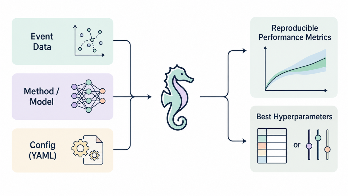 Seahorse overview: event data, model, and YAML config feed into the framework, which outputs reproducible metrics and tuned results.